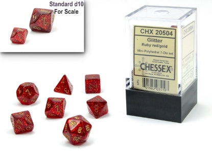 Glitter - Mini Hedral - Ruby Red w/Gold - 7-Dice Set