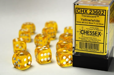 Translucent - Yellow w/White - 16mm d6 Dice Block (12 dice)