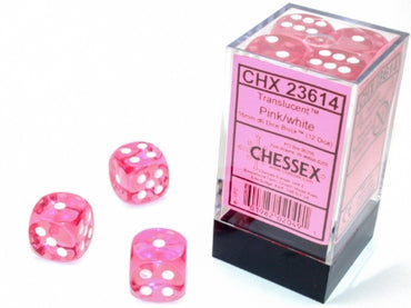 Translucent - Pink w/White - 16mm d6 Dice Block (12 dice)