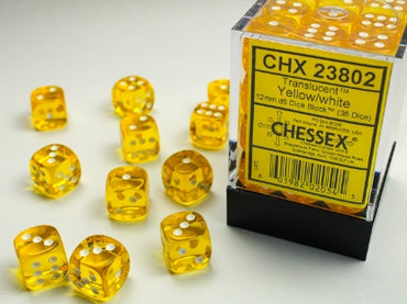 Translucent - Yellow w/White - 12mm d6 Dice Bloack (36 dice)