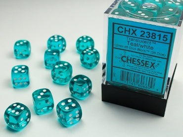 Translucent - Teal w/White - 12mm d6 Dice Bloack (36 dice)