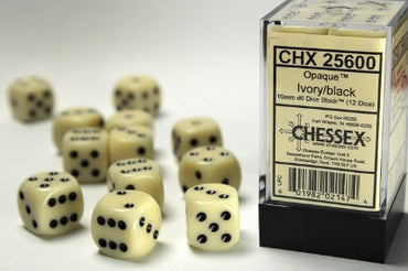 Opaque - Ivory w/Black - 16mm d6 Dice Block (12 dice)