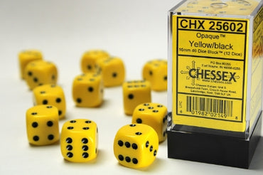 Opaque - Yellow w/Black - 16mm d6 Dice Block (12 dice)