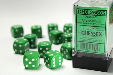 Opaque - Green w/White - 16mm d6 Dice Block (12 dice)