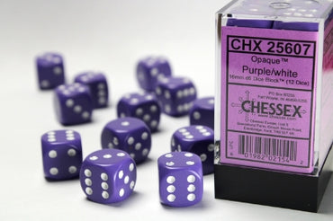 Opaque - Purple w/White - 16mm d6 Dice Block (12 dice)