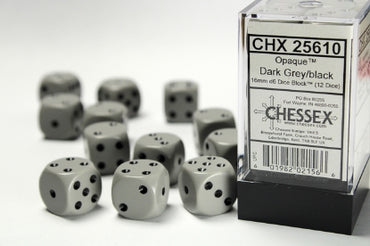 Opaque - Grey w/Black - 16mm d6 Dice Block (12 dice)