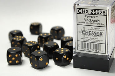 Opaque - Black w/Gold - 16mm d6 Dice Block (12 dice)