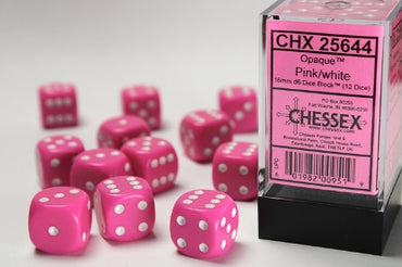 Opaque - Pink w/White - 16mm d6 Dice Block (12 dice)