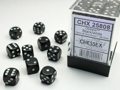 Opaque Black w/White 12mm d6 Dice Block (36 dice)