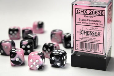 Gemini - Black-Pink w/White - 16mm d6 Dice Block (12 dice)