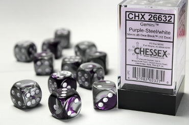 Gemini - Purple-Steel w/White - 16mm d6 Dice Block (12 dice)