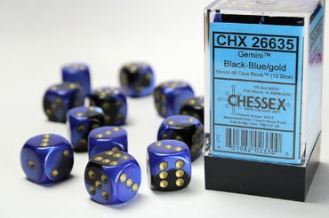 Gemini - Black-Blue w/Gold - 16mm d6 Dice Block (12 dice)