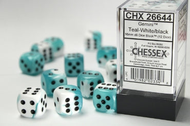 Gemini - Teal-White w/Black - 16mm d6 Dice Block (12 dice)