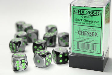 Gemini - Black-Grey w/Green - 16mm d6 Dice Block (12 dice)