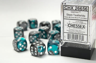 Gemini - Steel-Teal w/White - 16mm d6 Dice Block (12 dice)