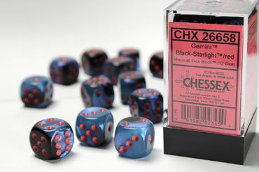 Gemini - Black-Starlight w/Red - 16mm d6 Dice Block (12 dice)