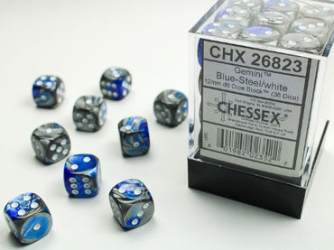 Gemini - Blue-Steel w/White - 12mm d6 Dice Block (36 dice)