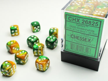 Gemini - Gold-Green w/White - 12mm d6 Dice Block (36 dice)