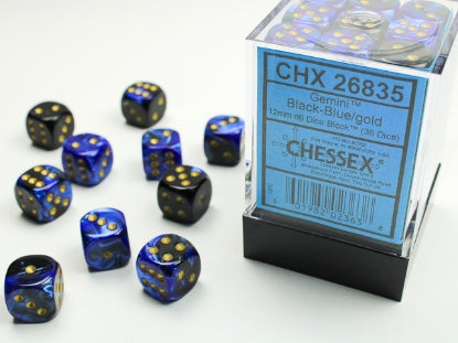 Gemini - Black-Blue w/Gold - 12mm d6 Dice Block (36 dice)