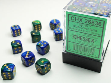 Gemini - Blue-Green w/Gold - 12mm d6 Dice Block (36 dice)