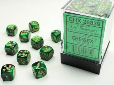 Gemini - Black-Green w/Gold - 12mm d6 Dice Block (36 dice)