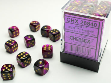 Gemini - Black-Purple w/Gold - 12mm d6 Dice Block (36 dice)