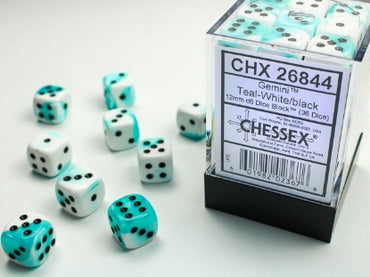 Gemini - Teal-White w/Black - 12mm d6 Dice Block (36 dice)