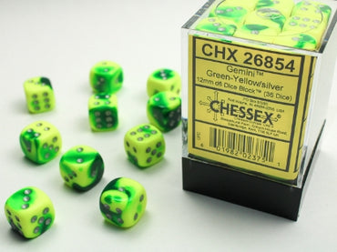 Gemini - Green-Yellow w/Silver - 12mm d6 Dice Block (36 dice)