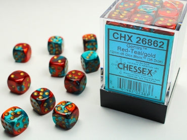 Gemini - Red-Teal w/Gold - 12mm d6 Dice Block (36 dice)