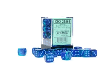 Gemini - Blue-Blue w/Light Blue Luminary - 12mm d6 Dice Block (36 dice)