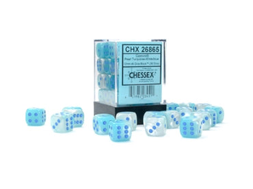 Gemini - Pearl Turquoise-White w/Blue Luminary - 12mm d6 Dice Block (36 dice)