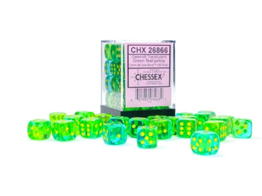 Gemini - Translucent Green-Teal w/Yellow - 12mm d6 Dice Block (36 dice)