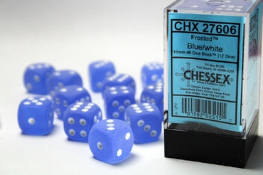 Frosted - Blue w/White - 16mm d6 Dice Block (12 dice)