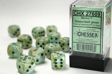 Marble - Green w/Dark Green - 16mm d6 Dice Block (12 dice)