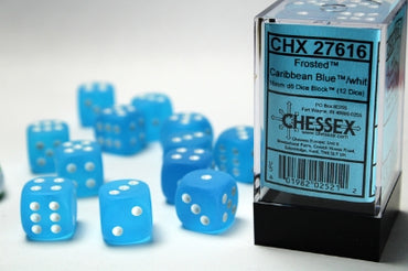 Frosted - Caribbean Blue w/White - 16mm d6 Dice Block (12 dice)