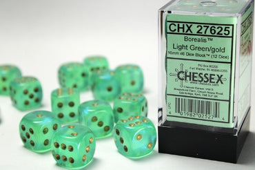 Borealis - Light Green w/Gold - 16mm d6 Dice Block (12 dice)