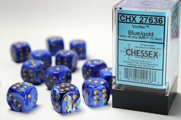 Vortex - Blue w/Gold - 16mm d6 Dice Block (12 dice)