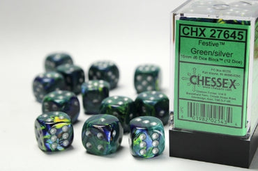 Festive - Green w/Silver - 16mm d6 Dice Block (12 dice)