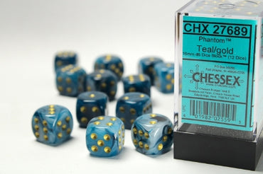 Phantom - Teal w/Gold - 16mm d6 Dice Block (12 dice)