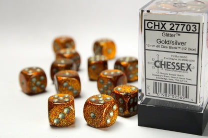 Glitter - Gold w/Silver - 16mm d6 Dice Block (12 dice)