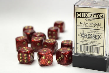 Glitter - Ruby w/Gold - 16mm d6 Dice Block (12 dice)