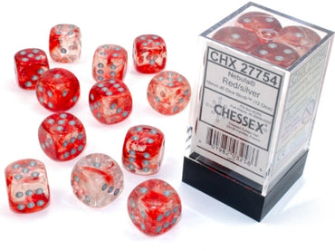 Nebula - Red w/Silver Luminary - 16mm d6 Dice Block (12 dice)