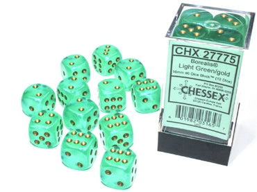 Borealis - Light Green w/Gold Luminary - 16mm d6 Dice Block (12 dice)