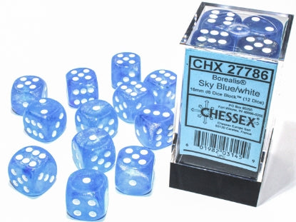 Borealis - Blue w/White Luminary - 16mm d6 Dice Block (12 dice)