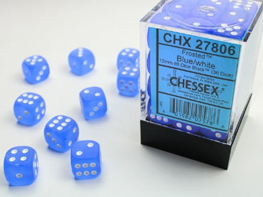 Frosted - Blue w/White - 12mm d6 Dice Block (36 dice)