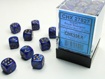 Scarab - Royal Blue w/Gold - 12mm d6 Dice Block (36 dice)