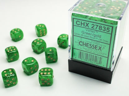 Vortex - Green w/Gold - 12mm d6 Dice Block (36 dice)