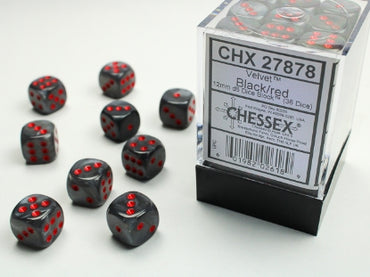 Velvet - Black w/Red - 12mm d6 Dice Block (36 dice)