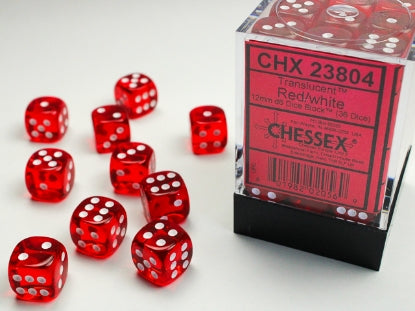 Translucent - Red w/White - 12mm d6 Dice Bloack (36 dice)