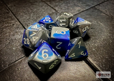 Gemini - Blue-Steel w/White - Polyhedral 7-Die Set